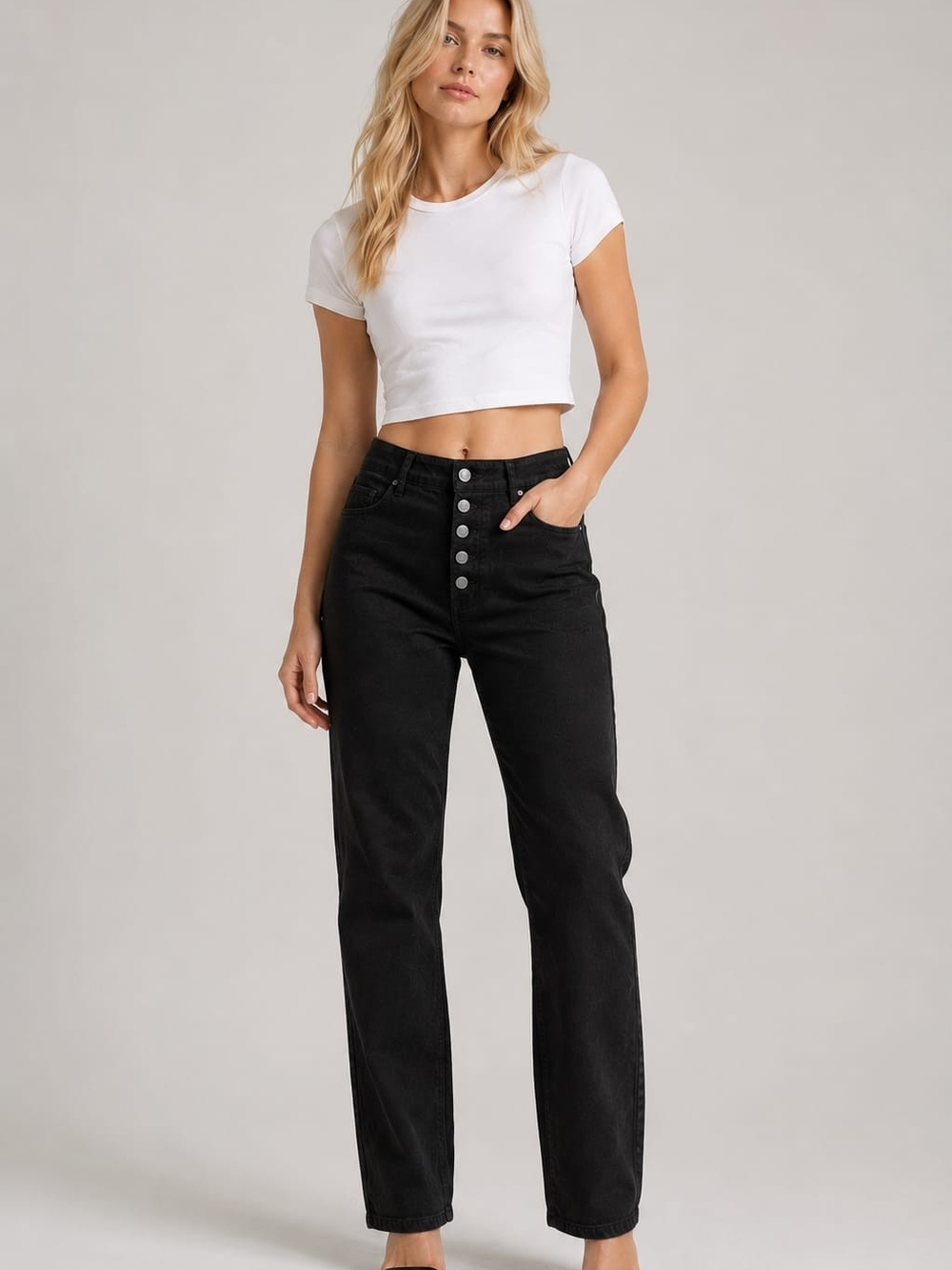 PAIGE Black High-Rise Button-Fly Straight Jeans